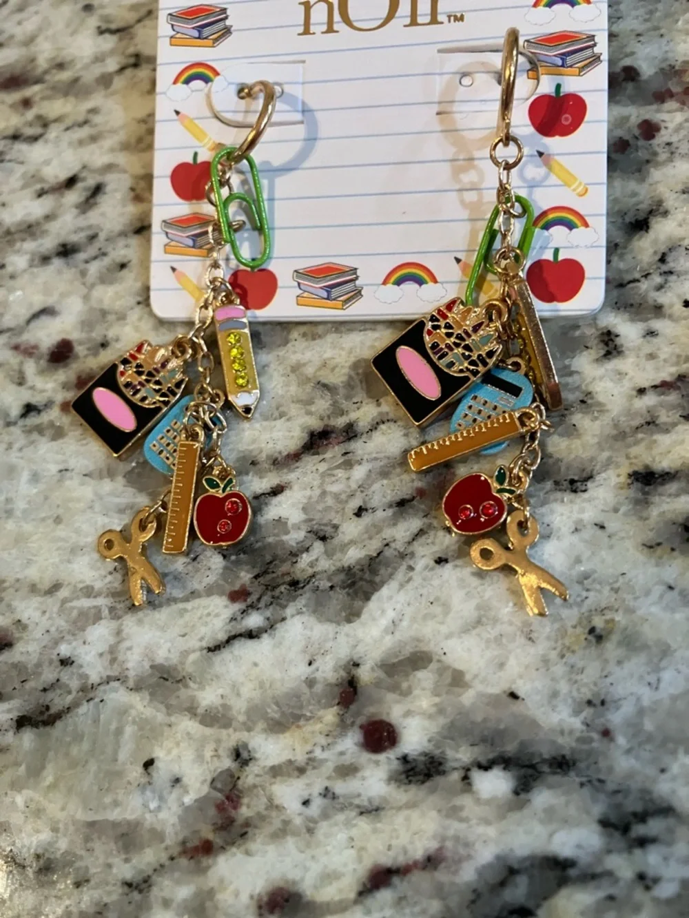 Teacher Charm Dangle Earrings Gold Tone Apple Pencil Classroom School Gift New